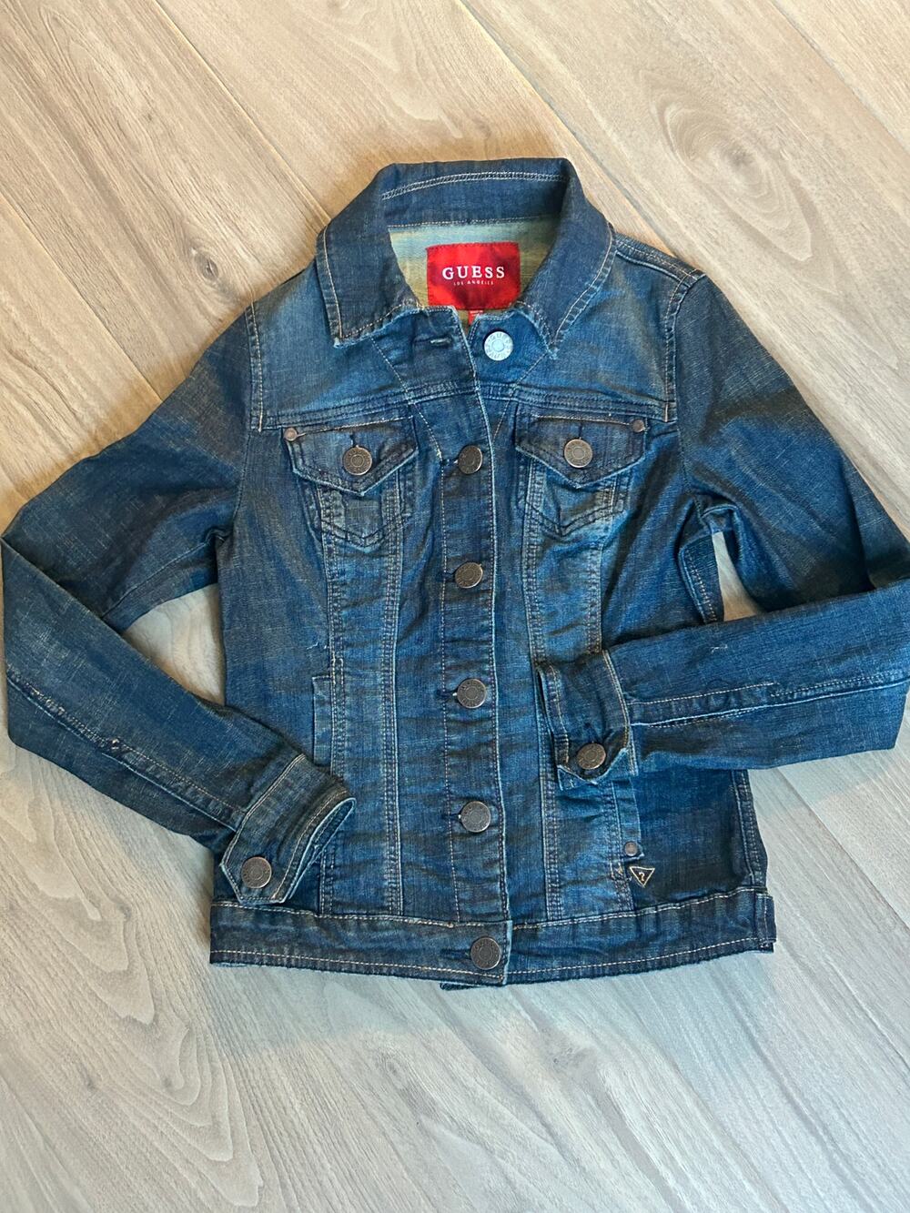 Classic Y2K Red Tag Los Angeles Guess Dark Denim Trucker Jacket, Women's XS